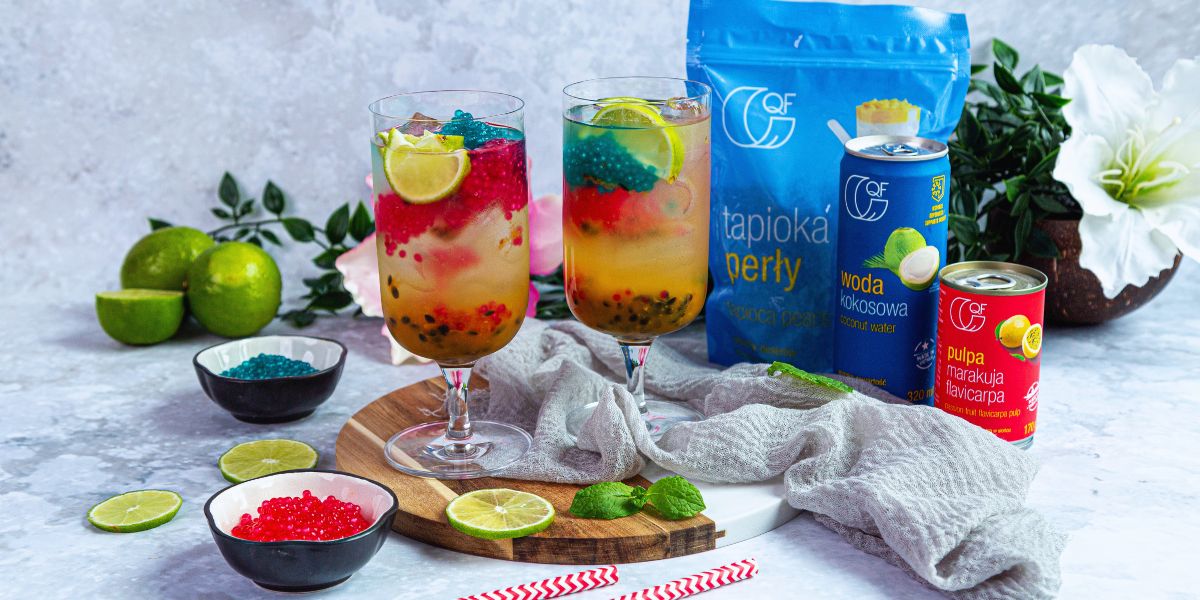 Kolorowy drink z tapioką, wodą kokosową i pulpą marakuja QF Quality Food