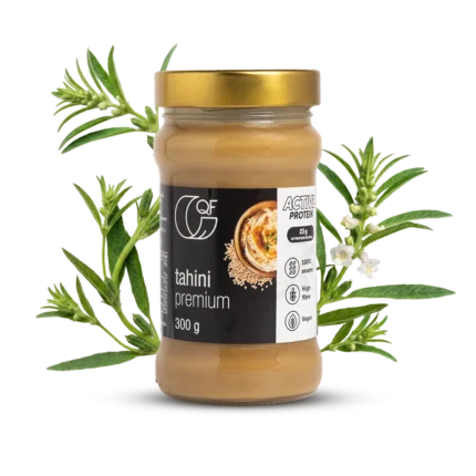 Tahini podwójnie prażone 300g QF Active z liśćmi sezamu w tle